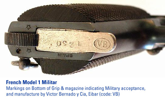 French Model 1 Militar - Markings on Bottom of Grip & magazine indicating Military acceptance, and manufacture by Victor Bernado y Cia, Eibar (code: VB)